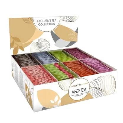 Zestaw ekskluzywnych herbat Veertea w eleganckim, beżowym pudełku z 200 torebkami w różnych smakach i kolorach, idealny do serwowania w biurze lub kawiarni. Produkt dostępny do kupienia w sklepie z kawą.