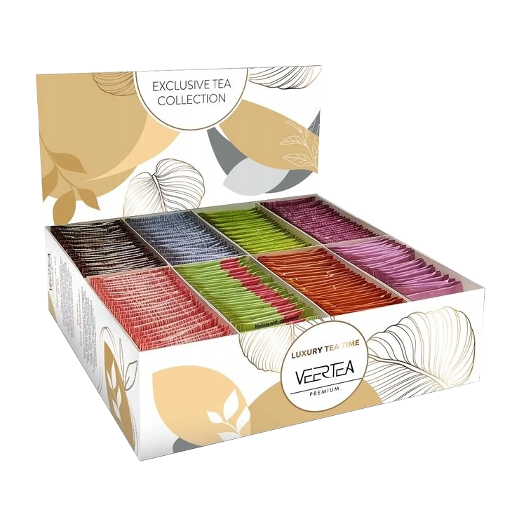 Zestaw ekskluzywnych herbat Veertea w eleganckim, beżowym pudełku z 200 torebkami w różnych smakach i kolorach, idealny do serwowania w biurze lub kawiarni. Produkt dostępny do kupienia w sklepie z kawą.