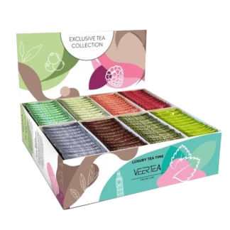 Zestaw herbat Veertea w kolorowym pudełku z motywem kwiatowym, zawierający 200 torebek herbat w różnych smakach, idealny do biura lub na prezent. Produkt dostępny do kupienia w sklepie z kawą.