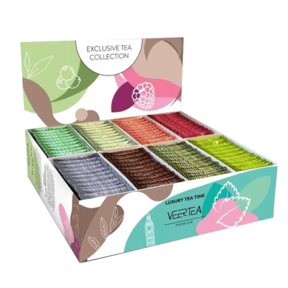 Zestaw herbat Veertea w kolorowym pudełku z motywem kwiatowym, zawierający 200 torebek herbat w różnych smakach, idealny do biura lub na prezent. Produkt dostępny do kupienia w sklepie z kawą.