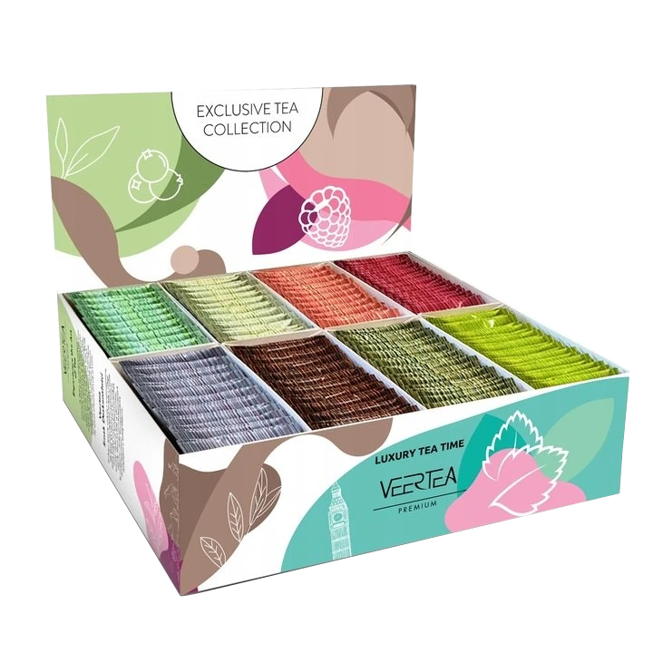 Zestaw herbat Veertea w kolorowym pudełku z motywem kwiatowym, zawierający 200 torebek herbat w różnych smakach, idealny do biura lub na prezent. Produkt dostępny do kupienia w sklepie z kawą.