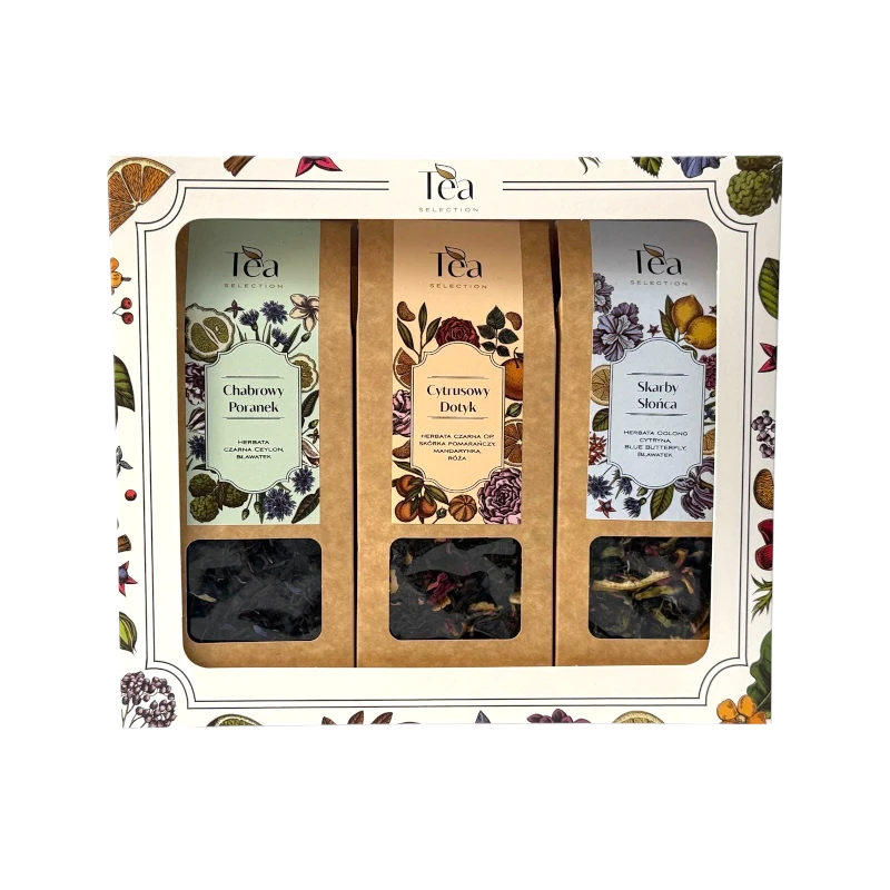 Zestaw prezentowy z trzema herbatami liściastymi Tea Selection dostępny w sklepie z kawą, zawierający kompozycje Chabrowy Poranek, Cytrusowy Dotyk i Skarby Słońca, zapakowany w eleganckie pudełko ozdobione ilustracjami roślinnymi – idealny na prezent wielkanocny.