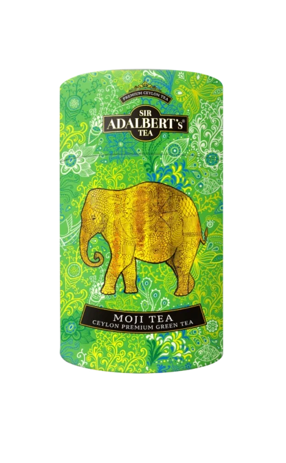 Puszka herbaty Sir Adalbert’s Moji Tea – cejlońska zielona herbata premium w dekoracyjnym opakowaniu z zielonym tłem i złotym słoniem.