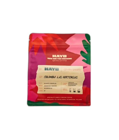 Opakowanie kawy speciality HAYB Colombia Las Hortensias z regionu Palmito w Kolumbii, z nutami hibiskusa, truskawki i brązowego cukru, przeznaczona do dripa, chemeksa i ekspresu przelewowego