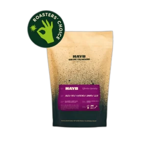 Opakowanie kawy HAYB Costa Rica Hacienda Sonora SL28 z fioletową etykietą i oznaczeniem Roasters' Choice. Espresso z regionu Alajuela o nutach jeżyn, wiśni i mlecznej czekolady. Wypalana w Warszawie.