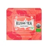 Pudełko herbaty Kusmi Tea AquaSummer w kolorze koralowym z liściastym wzorem, zawierające 20 saszetek herbaty owocowej z nutami brzoskwini, hibiskusa i moreli, oznaczone jako organiczne i bezkofeinowe.