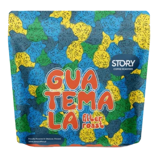 Kolorowe opakowanie kawy STORY Guatemala Agua Tibia Filter Roast 250g – jasno palona kawa do przelewu wypalana w Warszawie, w stylowej, artystycznej oprawie graficznej.