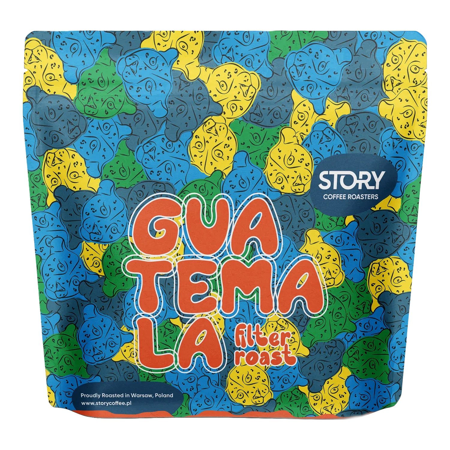 Kolorowe opakowanie kawy STORY Guatemala Agua Tibia Filter Roast 250g – jasno palona kawa do przelewu wypalana w Warszawie, w stylowej, artystycznej oprawie graficznej.