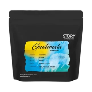 Opakowanie kawy STORY Guatemala Antigua Espresso 250g – jasno wypalana kawa ziarnista z regionu Antigua o profilu smakowym jabłko, czekolada i migdał.
