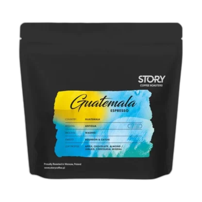 Opakowanie kawy STORY Guatemala Antigua Espresso 250g – jasno wypalana kawa ziarnista z regionu Antigua o profilu smakowym jabłko, czekolada i migdał.