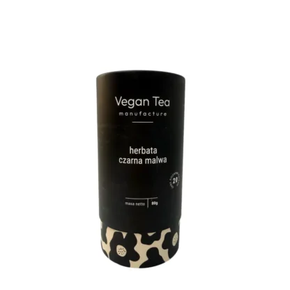 Czarne opakowanie herbaty Vegan Tea z białym napisem: „herbata czarna malwa, masa netto 80g, 20 filiżanek naparu”. Dolna część ozdobiona grafiką dużych kwiatów w czarno-kremowej tonacji. Elegancka, roślinna kompozycja z intensywnym, kwiatowym aromatem.