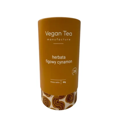 Brązowo-złote opakowanie herbaty Vegan Tea z ilustracją zawijanych ciastek cynamonowych przy podstawie. Na froncie biały napis: „herbata figowy cynamon, masa netto 80g, 20 filiżanek naparu”. Aromatyczna mieszanka figi i cynamonu idealna na chłodne wieczory.