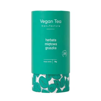Zielone opakowanie herbaty Vegan Tea z białym napisem: „herbata miętowa gruszka, masa netto 70g, 20 filiżanek naparu”. Dolna część ozdobiona wzorem liści mięty. Delikatna, aromatyczna herbata owocowo-ziołowa.