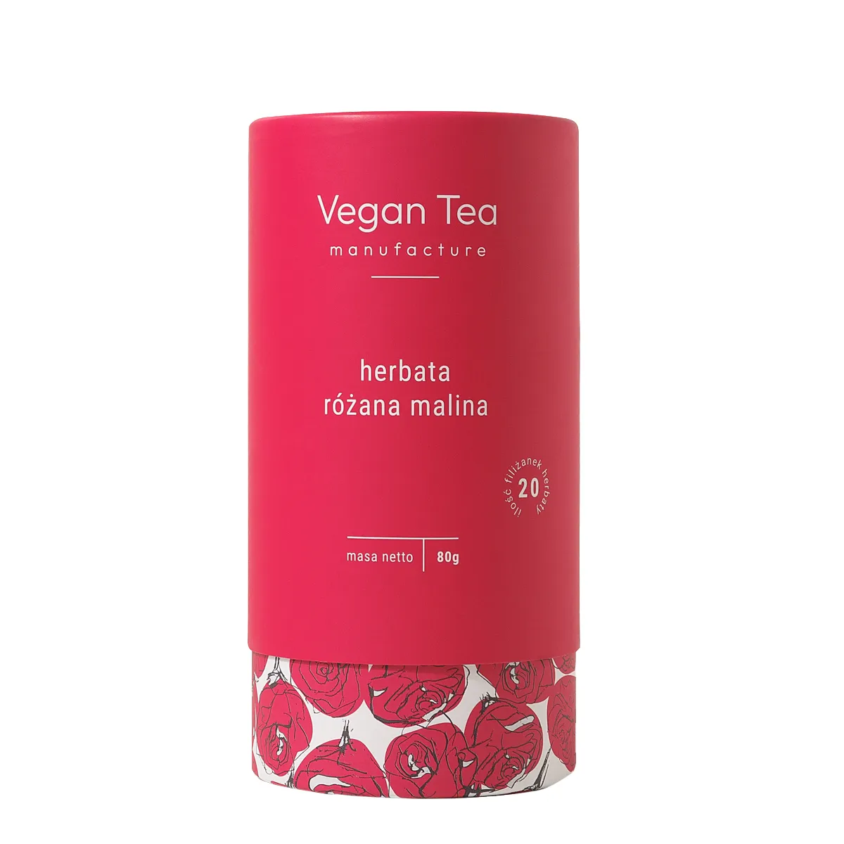 Różowe opakowanie herbaty Vegan Tea z białym napisem: „herbata różana malina, masa netto 80g, 20 filiżanek naparu”. Dolna część zdobiona ilustracjami róż. Aromatyczna mieszanka róży i malin w stylowej tubie.