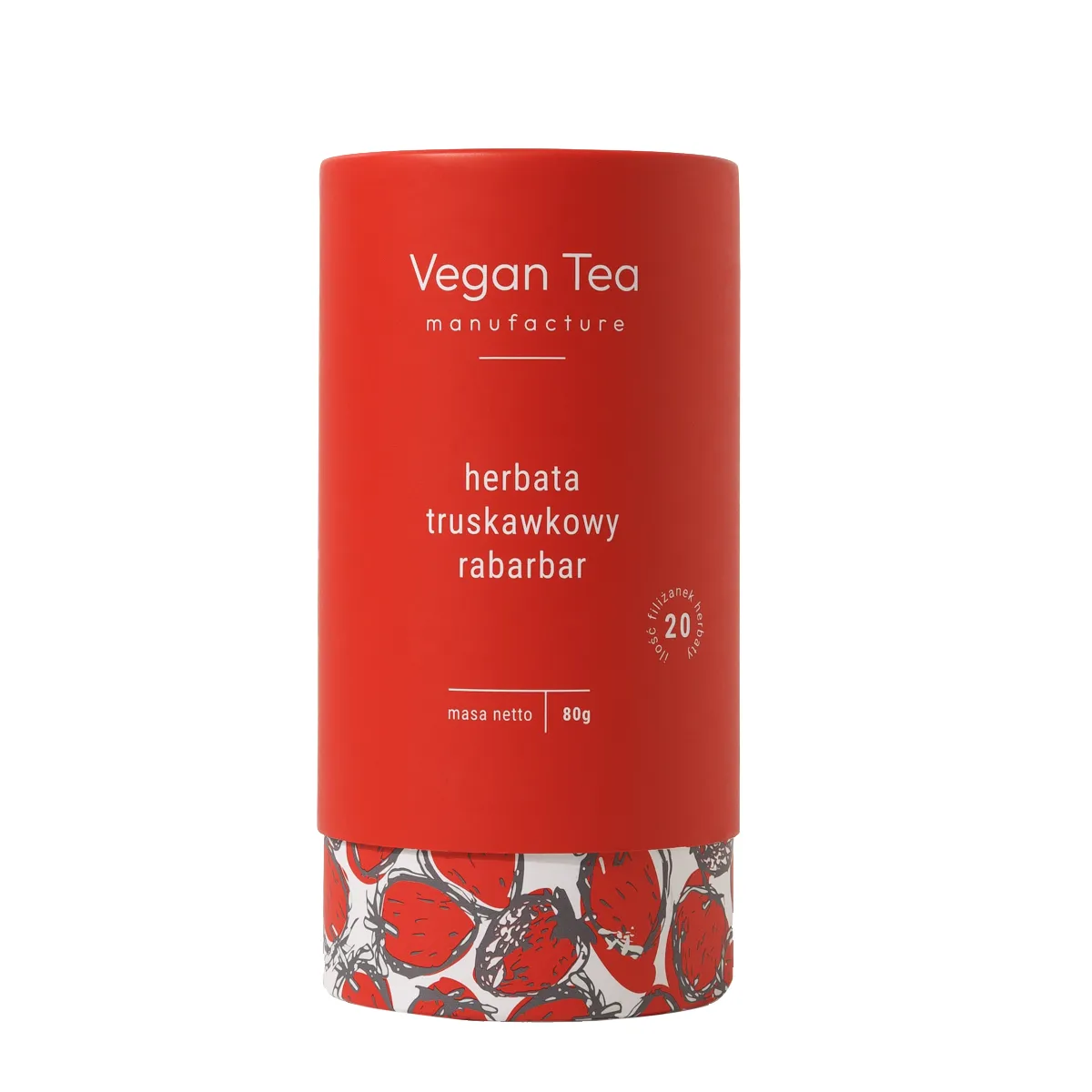 Czerwone opakowanie herbaty Vegan Tea z napisem: „herbata truskawkowy rabarbar, masa netto 80g, 20 filiżanek naparu”. Dolna część ozdobiona grafiką truskawek i rabarbaru. Klasyczne, orzeźwiające połączenie smaku owoców.
