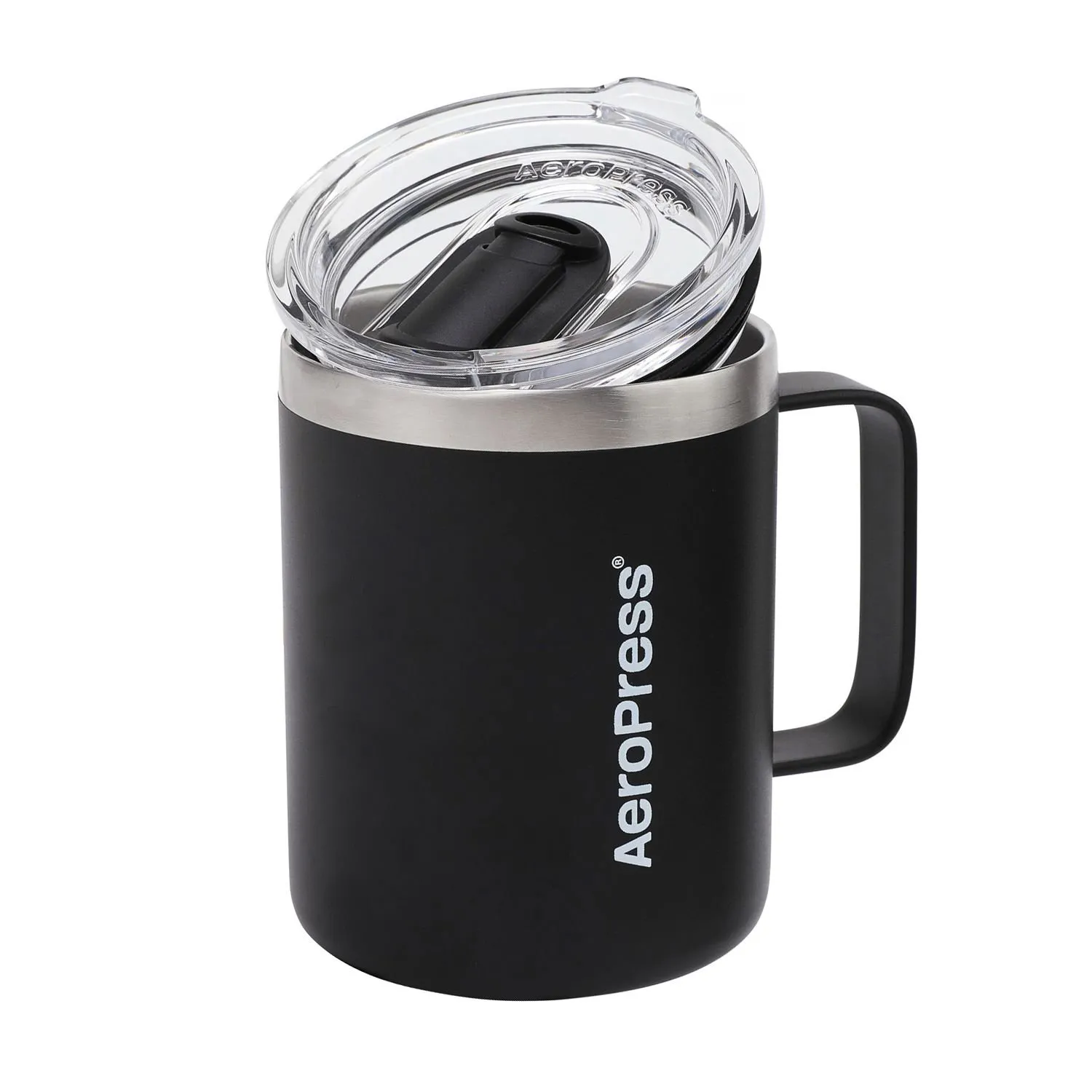 Czarny kubek termiczny AeroPress o pojemności 280 ml z przezroczystą pokrywką i uchwytem. Wykonany ze stali nierdzewnej, idealny do kawy w podróży.