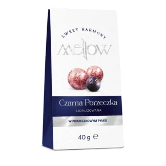 Opakowanie przekąski Mellow Czarna Porzeczka Liofilizowana 40g – owoce w porzeczkowym pyłku, idealne do kawy lub herbaty, dostępne w sklepie Coffee Selection.