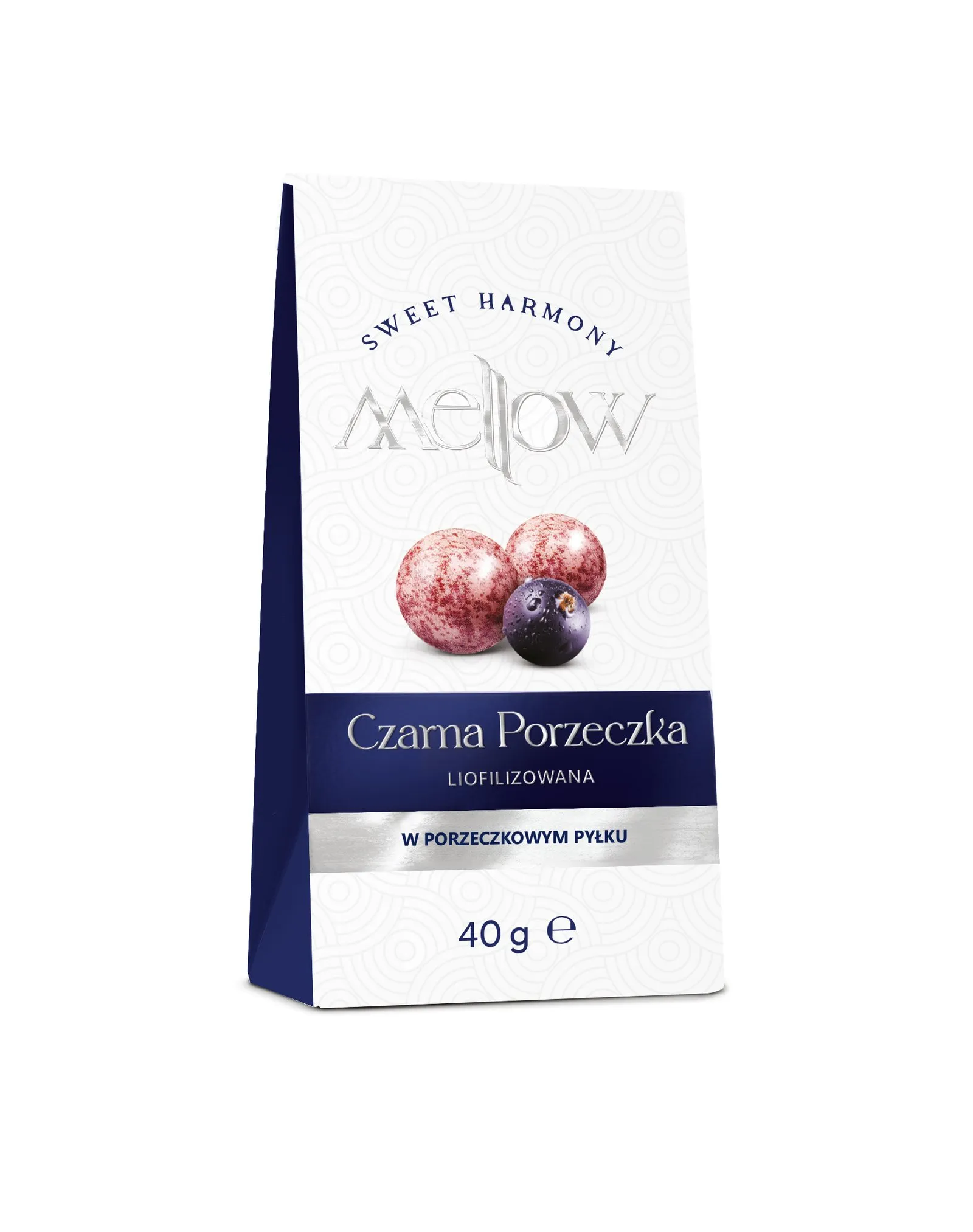 Opakowanie przekąski Mellow Czarna Porzeczka Liofilizowana 40g – owoce w porzeczkowym pyłku, idealne do kawy lub herbaty, dostępne w sklepie Coffee Selection.