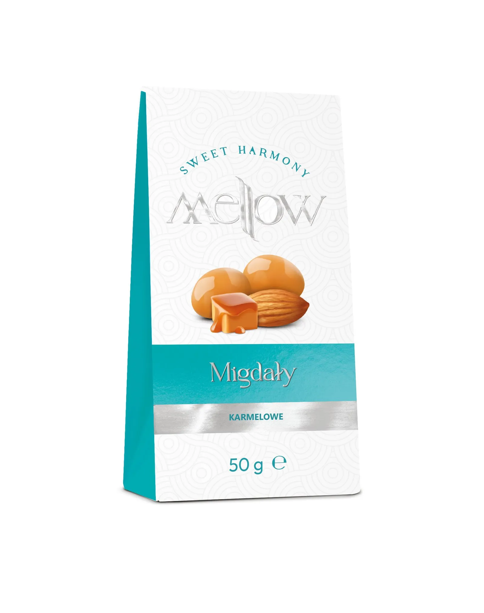 Opakowanie migdałów karmelowych Mellow 50g z serii Sweet Harmony – pyszna, chrupiąca przekąska dostępna w sklepie Coffee Selection, idealna do kawy lub jako słodki dodatek do prezentu.