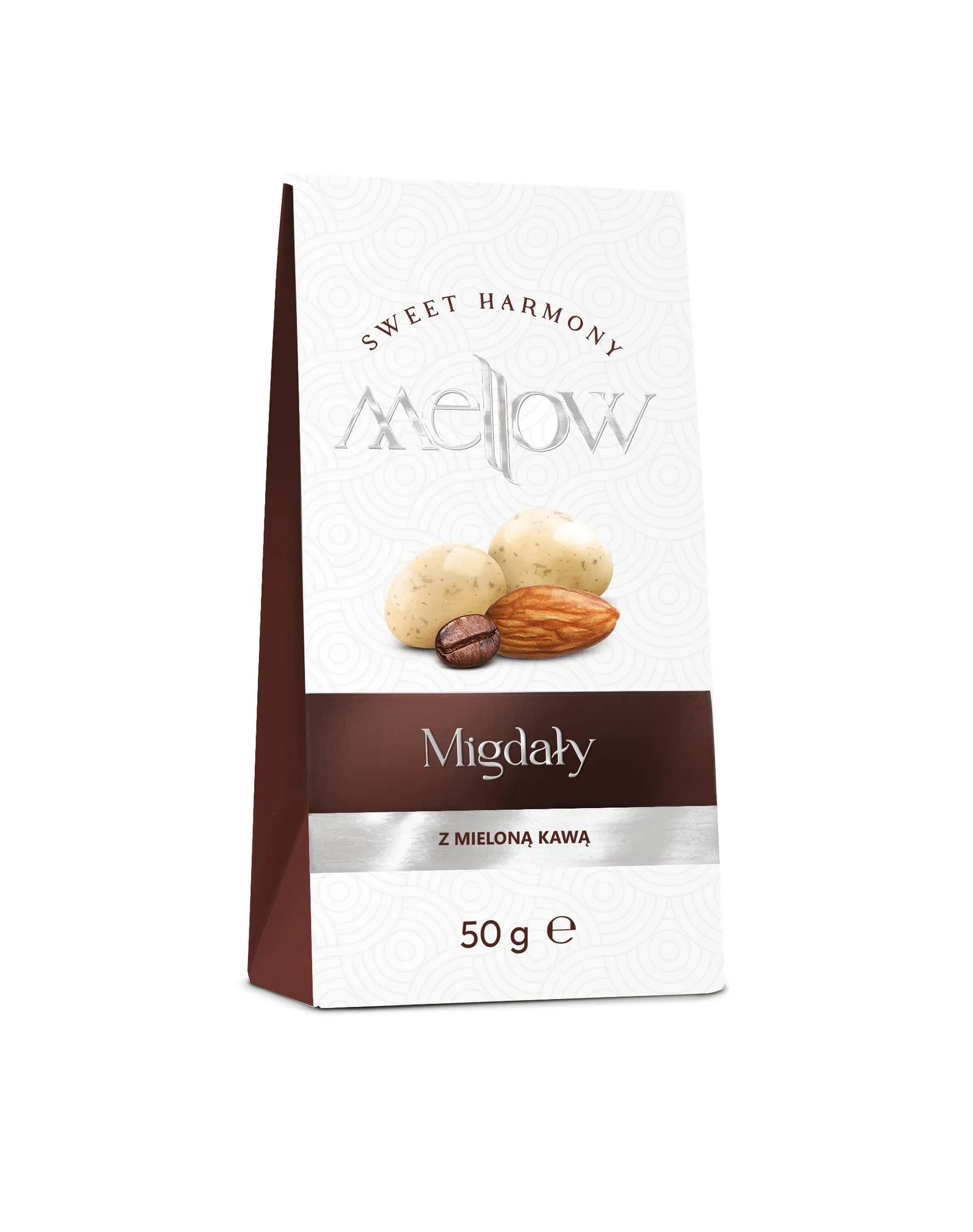 Opakowanie migdałów Mellow z mieloną kawą 50g – połączenie chrupiących orzechów i intensywnego aromatu kawy, dostępne w sklepie Coffee Selection jako idealna słodka przekąska do filiżanki espresso lub latte.
