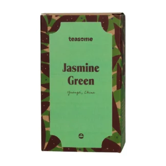 Opakowanie herbaty Teasome Jasmine Green 50 g z zielonej herbaty jaśminowej pochodzącej z regionu Guangxi w Chinach. Zielona etykieta na ozdobnym tle z motywem liści