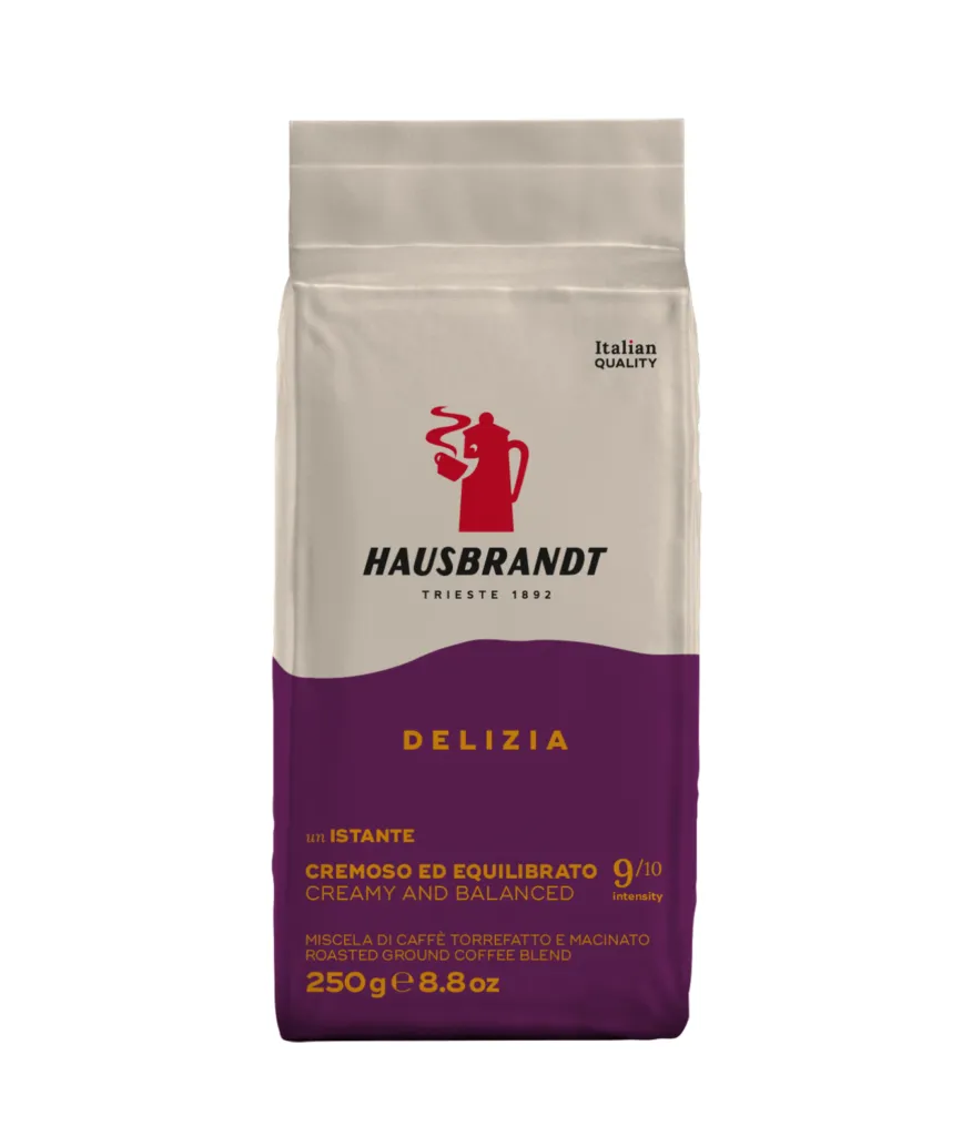 Opakowanie 250g włoskiej kawy mielonej Hausbrandt Delizia o intensywności 9/10 – kremowa i zbalansowana mieszanka, idealna do espresso, dostępna w sklepie Coffee Selection.