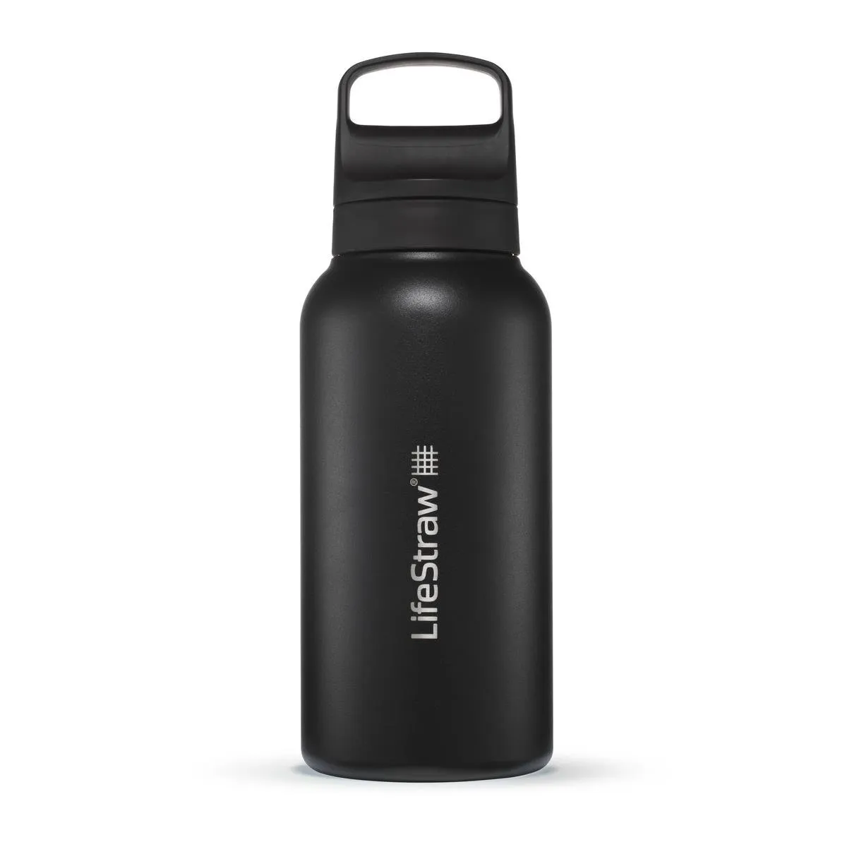 Czarna butelka LifeStraw Go 2.0 Steel o pojemności 1 litra z uchwytem i pionowym logo, wykonana ze stali nierdzewnej, ustawiona na białym tle.