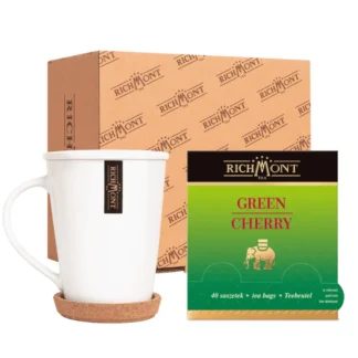 Obracający zestaw w skład którego wchodzi kubek Richmont oraz 40 saszetek herbaty zielonej Cherry. Idealny do relaksujących chwil z aromatycznym naparem, doskonały dla miłośników herbaty.