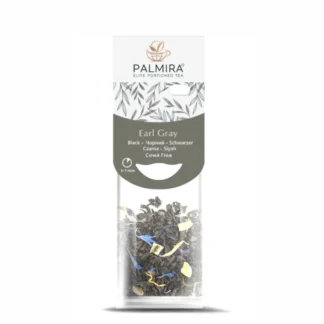 Opakowanie herbaty Earl Grey z linii Palmira, przedstawiające starannie dobrane liście czarnej herbaty z dodatkiem cytrusowych nut. Idealna na relaksujący wieczór, ta herbata jest dostępna w praktycznych porcjach, co ułatwia jej przygotowanie i zapewnia wyjątkowy smak.