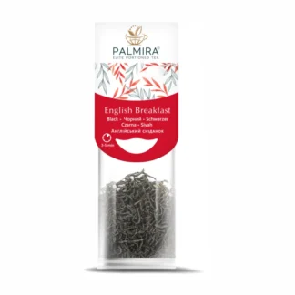 Szklane opakowanie z herbatą English Breakfast marki PalmirA. Klasyczna czarna herbata, idealna na początek dnia, z przejrzystą etykietą przedstawiającą czas parzenia oraz smakowy profil produktu.