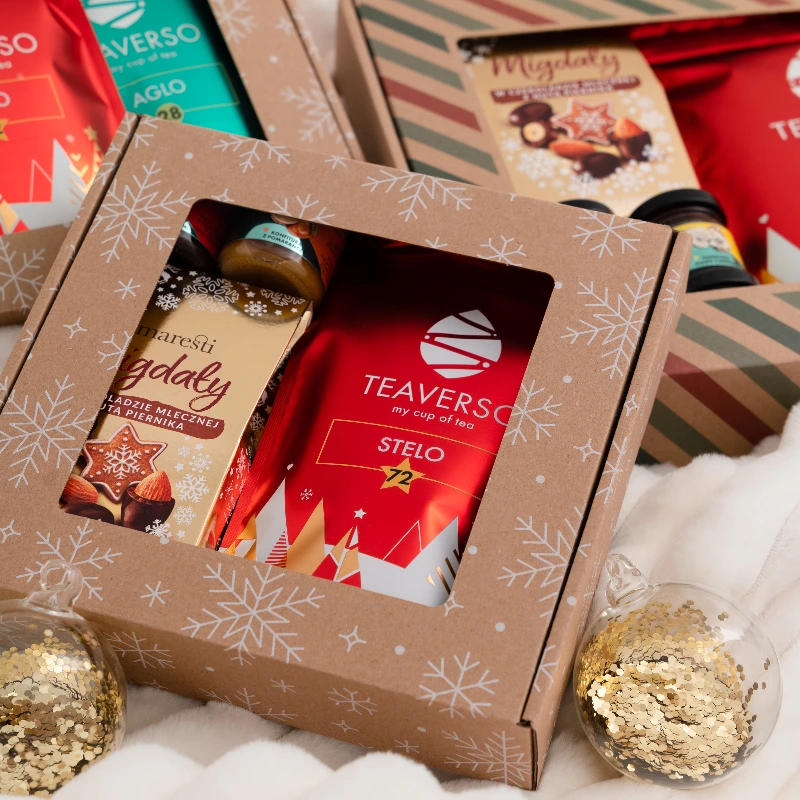 Zestaw box prezentowy świąteczny na prezent herbata bakalie konfitury