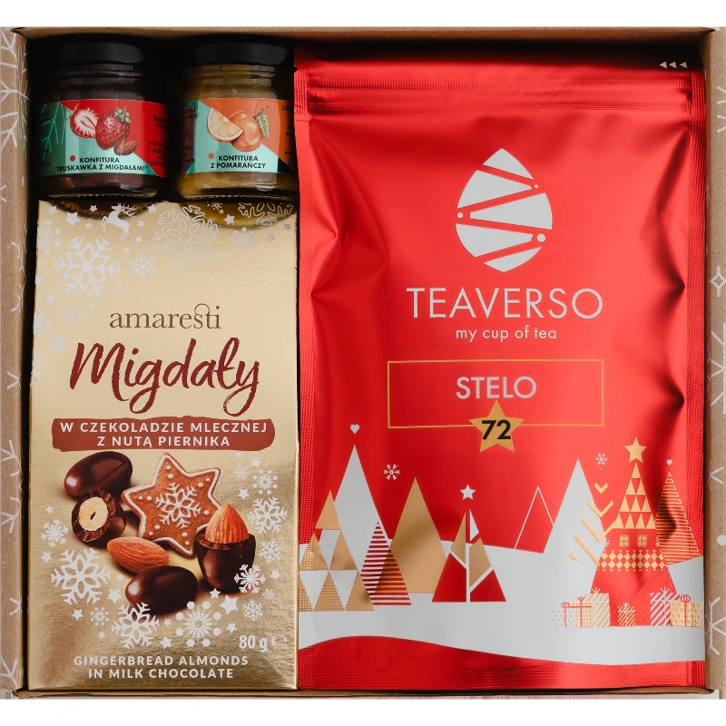 Zestaw box prezentowy świąteczny na prezent herbata bakalie konfitury