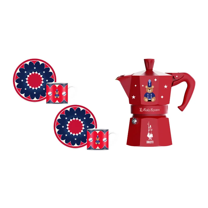 Bialetti - zestaw Joyful Christmas kawiarka Moka Express 3tz czerwona + 2 filiżanki ze spodkami