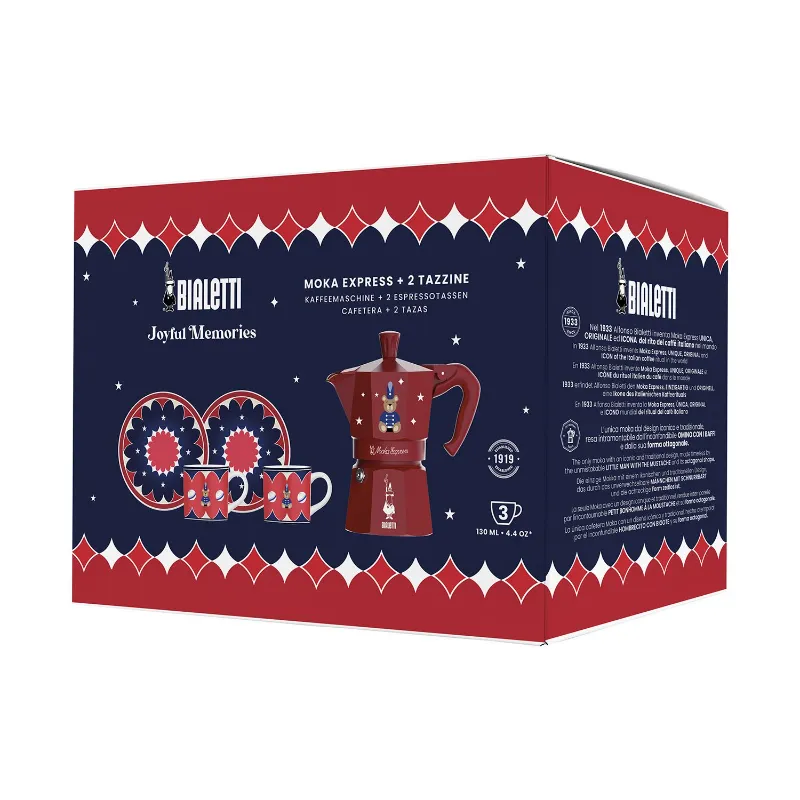 Bialetti - zestaw Joyful Christmas kawiarka Moka Express 3tz czerwona + 2 filiżanki ze spodkami