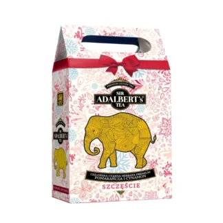 Opakowanie premium cejlońskiej czarnej herbaty z pomarańczą i cynamonem, zapakowane w eleganckie kartonowe pudełko ozdobione wzorami i wizerunkiem słonia. Idealny wybór dla miłośników aromatycznych naparów, które dodadzą uroku każdej chwili relaksu.