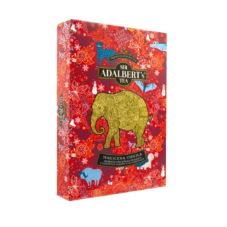 Opakowanie herbaty premium Sir Adalbert's o nazwie "Magiczna Chwila" z Cejlonu, zdobione kolorowymi wzorami i złotym słoniem. Produkt zawiera 6 starannie dobranych smaków w 54 saszetkach, idealny do parzenia aromatycznych naparów w domu.