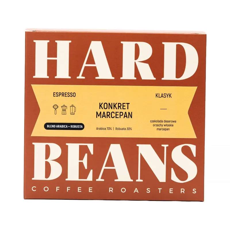 Opakowanie kawy espresso HARD BEANS Konkret Marcepan, które łączy w sobie arabikę i robustę w proporcji 70/30. Aromatyczna mieszanka cechuje się nutami czekolady deserowej oraz orzechów włoskich, idealna do przygotowania wyjątkowego napoju.