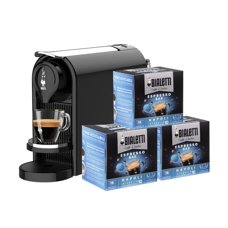 Nowoczesny ekspres do kawy Bialetti, idealny do przygotowania aromatycznego espresso w domowym zaciszu. W zestawie znajdują się kapsułki Espresso Bar Napoli, gwarantujące intensywny smak i wyjątkowe doznania dla miłośników kawy.