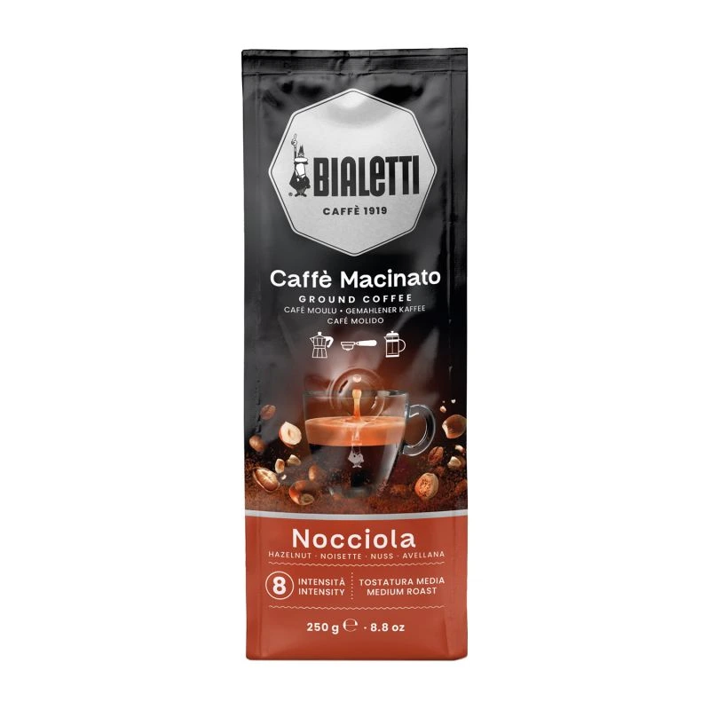 Mielona kawa Bialetti Caffè Macinato Nocciola o intensywności 8, idealna dla miłośników orzechowych aromatów. Opakowanie 250g sprawia, że jest to doskonały wybór do codziennego parzenia świeżej kawy w domu lub biurze.