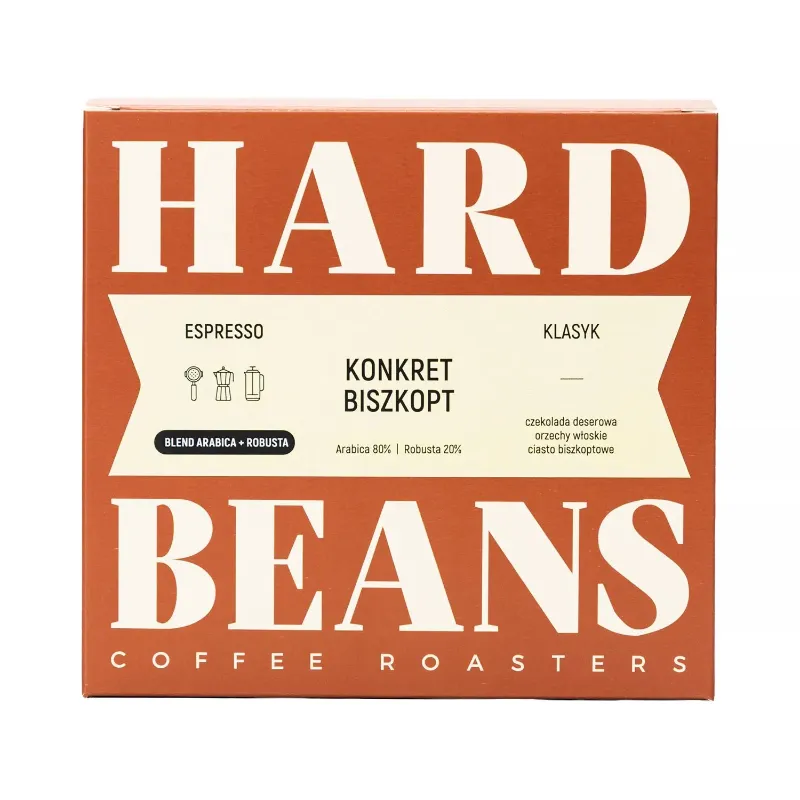 Opakowanie kawy espresso Konkret Biszkopt 250g od marki Hard Beans. Zawiera mieszankę ziaren Arabica (80%) i Robusta (20%), z nutami czekolady deserowej i orzechów włoskich, idealna do przygotowania aromatycznych napojów kawowych.