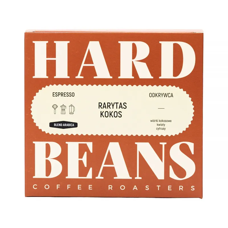 Opakowanie kawy espresso Rarytas Kokos od Hard Beans, wyróżniające się nutami kokosa oraz cytrusów. Idealny wybór dla miłośników aromatycznych kaw, łączący w sobie najwyższej jakości ziarna Arabiki.
