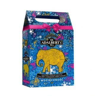 Opakowanie herbaty Ceylon Earl Grey z dodatkiem kardamonu i imbiru, wyróżniające się kolorowym, artystycznym designem z wizerunkiem słonia. Idealny wybór dla miłośników wyjątkowych smaków, doskonały do parzenia w każdej chwili dnia.
