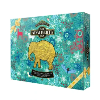 Opakowanie zestawu herbat Sir Adalbert’s z kolekcji zimowej, zawierające 6 premium smaków w 48 saszetkach. Stylowy design z motywem słonia i kolorowymi wzorami idealnie nadaje się na prezent dla miłośników herbaty.