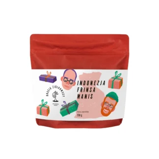 Opakowanie kawy Indonezja Frinsa Manis, ważące 250g, z kolorową grafiką i ilustracjami. Idealna opcja dla miłośników aromatycznej kawy, bogatej w smak i nuty egzotyczne.