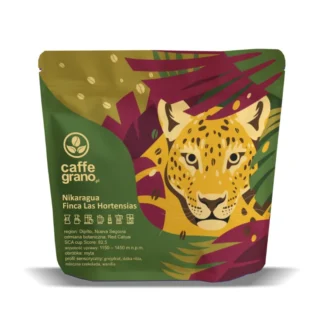 Opakowanie kawy Nikaragua Finca Las Hortensias o wadze 250g, zdobione kolorowym motywem z jaguarem. Kawa charakteryzuje się nutami grejpfruta, dzikiej róży oraz wanilii, idealna dla miłośników wysokiej jakości kawy.