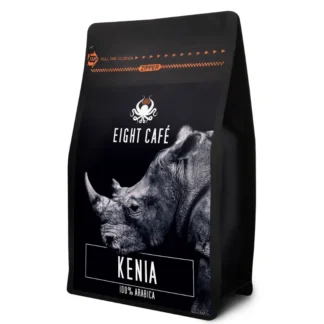 Opakowanie kawy Kenia 100% Arabica marki Eight Café, prezentujące unikalny design z wizerunkiem nosorożca. Ta aromatyczna kawa doskonale sprawdzi się przy każdym parzeniu, oferując wyjątkowy smak i intensywny aromat.
