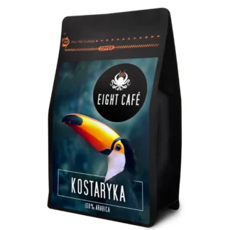 Opakowanie kawy 100% Arabica pochodzącej z Kostaryki, prezentujące intensywny smak oraz aromat. Produkt marki Eight Café, idealny dla miłośników wysokiej jakości kawy, z atrakcyjnym designem wzbogaconym motywem tukanów.