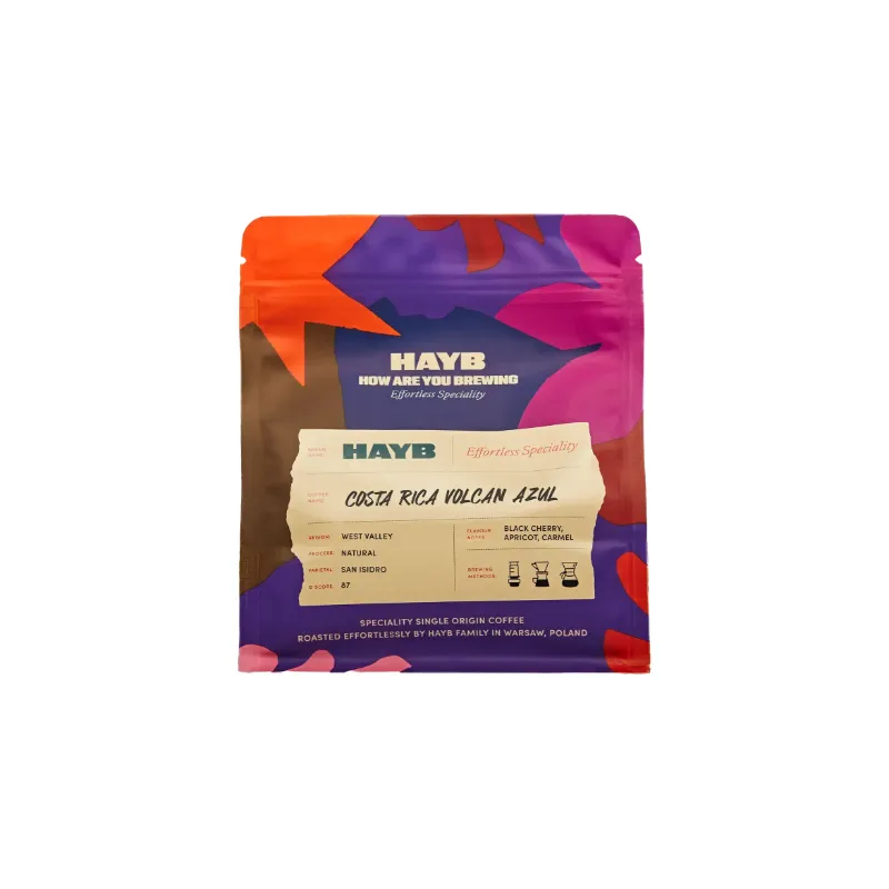 Opakowanie kawy Costa Rica Volcan Azul od HAYB, wyróżniającej się nutami czarnej wiśni, moreli i karmelu. Idealna do parzenia w domu, ta wyjątkowa kawa z Kostaryki zachwyci każdego miłośnika espresso i nietypowych smaków.
