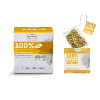 Opakowanie ekologicznej herbaty rumiankowej 100% bio od Ronnefeldt z 15 torebkami o smaku pomarańczowym. Idealna na relaksujące chwile, ta wegańska i przyjazna dla środowiska herbata dostarczy wyjątkowych doznań smakowych.