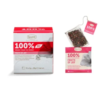 Opakowanie ekologicznej herbaty Ronnefeldt Fruits of Joy zawiera 15 torebek z owocowym naparem o smaku hibiskusa i mięty. Idealna na odprężające chwile, ta herbata jest wegańska i przyjazna dla środowiska, co czyni ją doskonałym wyborem dla miłośników zdrowego stylu życia.